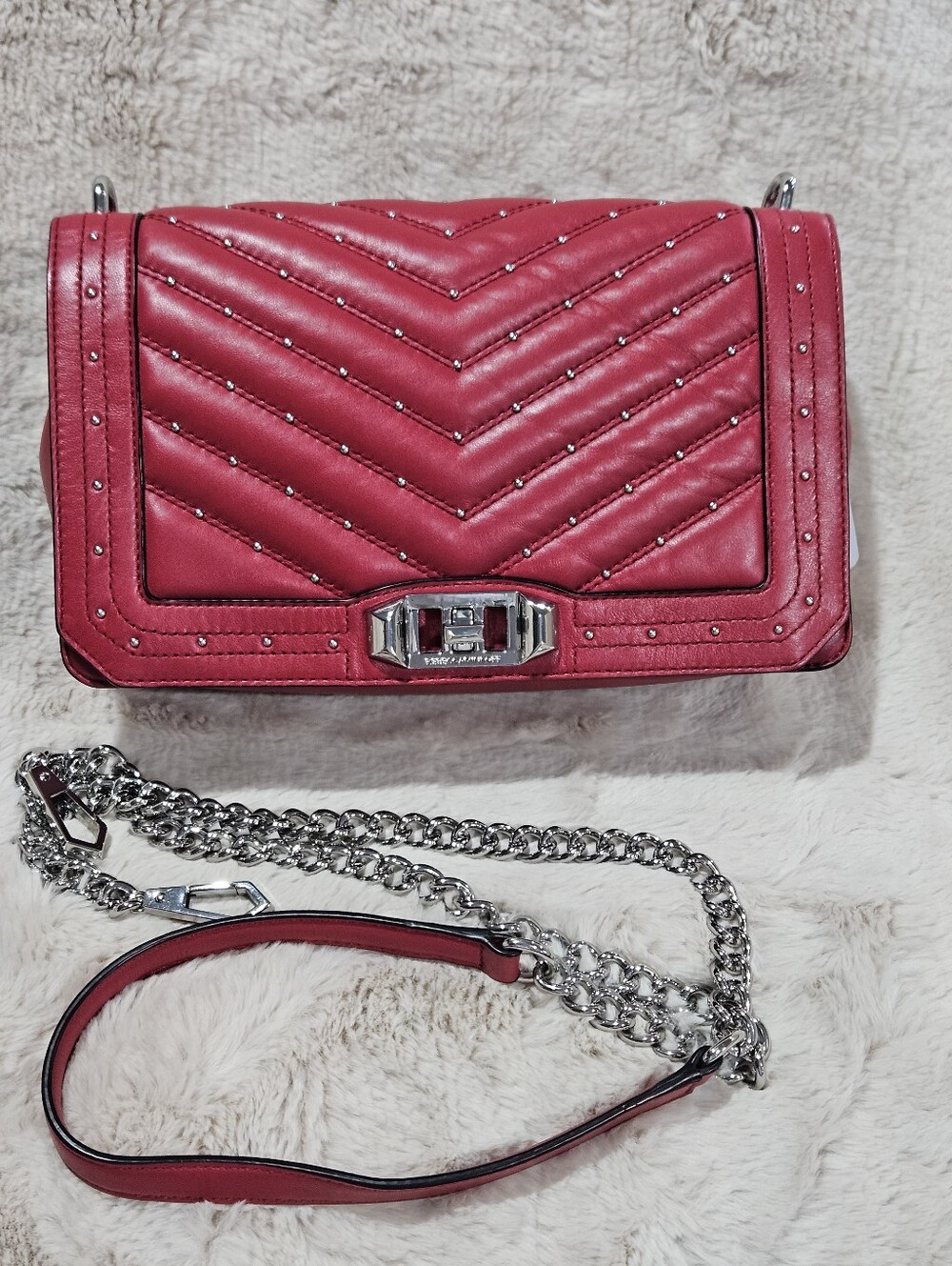 Quilted Stud Accent Leather Shoulder Bag in Red By Rebecca Minkoff